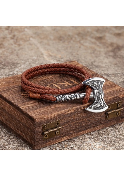 Kahverengi Iskandinav Balta Çok Katmanlı Deri Bilezik Erkekler Paslanmaz Çelik Vikings Balta Bileklik Raven Muska Kendini Savunma El Yapımı Takı (Yurt Dışından)