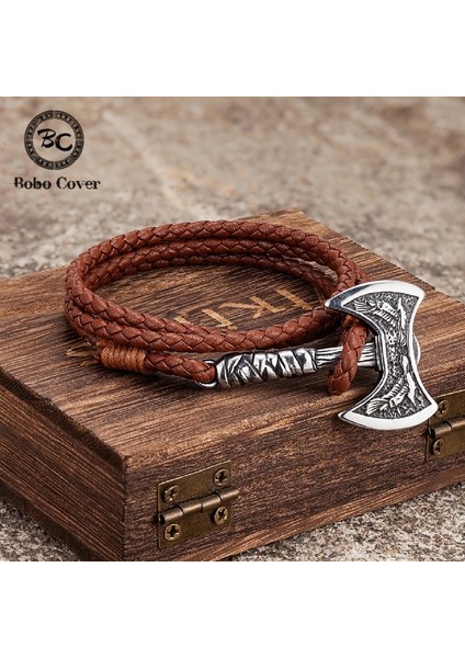 Kahverengi Iskandinav Balta Çok Katmanlı Deri Bilezik Erkekler Paslanmaz Çelik Vikings Balta Bileklik Raven Muska Kendini Savunma El Yapımı Takı (Yurt Dışından)