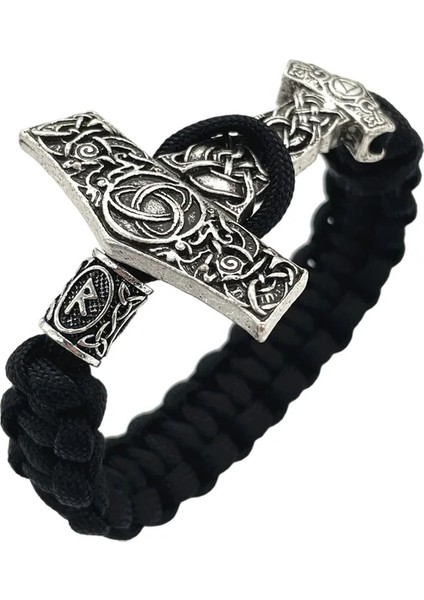 21CM Tarzı Raıdho Thor Çekiç Mjolnir Düğüm Charm Siyah Halat Viking Bilezik Erkek Kadın Takı Iskandinav Runes Boncuk Aksesuarları (Yurt Dışından)