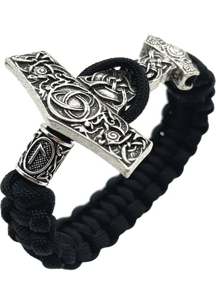 21CM Tarzı Lagüz Thor Çekiç Mjolnir Düğüm Charm Siyah Halat Viking Bilezik Erkek Kadın Takı Iskandinav Runes Boncuk Aksesuarları (Yurt Dışından)