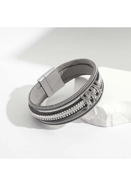 E190278P-002 Allyes Trendy Gümüş Renk Deri Bilezik Kadınlar Için Charm Nazar Çapraz Çok Katmanlı Metal Zincir Şal Bilezik Kadın Mücevheratı (Yurt Dışından)