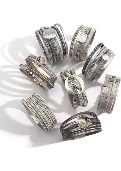 E190278P-002 Allyes Trendy Gümüş Renk Deri Bilezik Kadınlar Için Charm Nazar Çapraz Çok Katmanlı Metal Zincir Şal Bilezik Kadın Mücevheratı (Yurt Dışından) modelleri