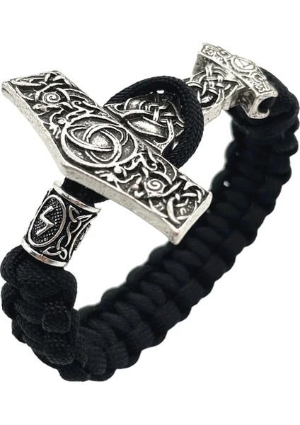 21CM Tarzı Sowılo Thor Çekiç Mjolnir Düğüm Charm Siyah Halat Viking Bilezik Erkek Kadın Takı Iskandinav Runes Boncuk Aksesuarları (Yurt Dışından)