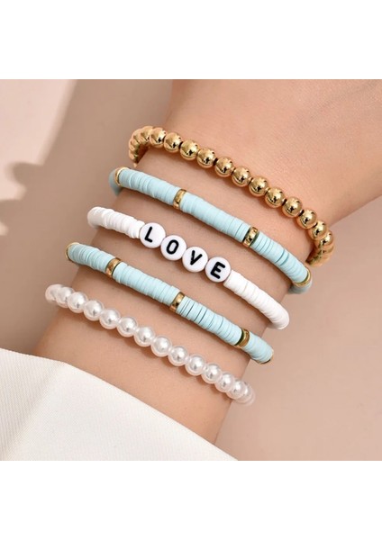No.6 Boyutu Moda Gökkuşağı Istiflenebilir Bilezikler Kadınlar Için Set Kalp Charm Yumuşak Kil Çömlek Katmanlı Boncuk Zincir Bileklik Kadın Boho Takı (Yurt Dışından)