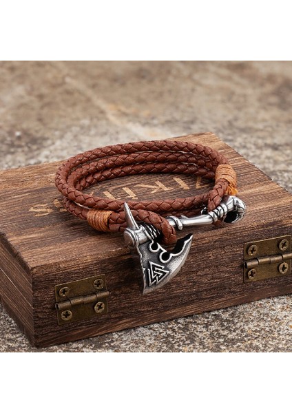 Kahverengi Vikings Balta Üçgen Bilezikler Erkekler Paslanmaz Çelik Kendini Savunma Thors Çekiç Deri Bilezik Iskandinav Muska Takı (Yurt Dışından)