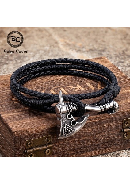 Kahverengi Vikings Balta Üçgen Bilezikler Erkekler Paslanmaz Çelik Kendini Savunma Thors Çekiç Deri Bilezik Iskandinav Muska Takı (Yurt Dışından)