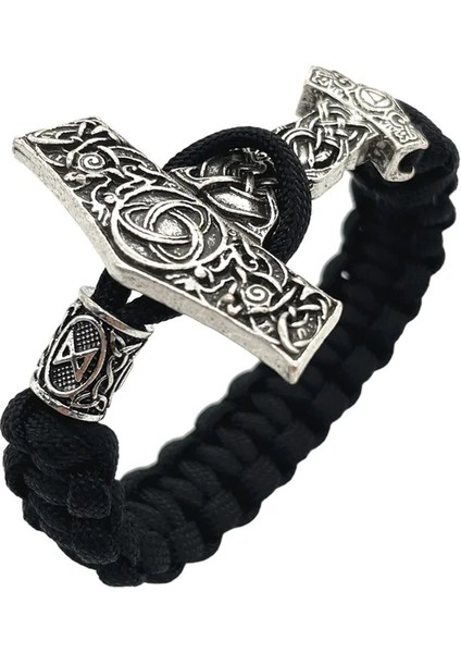 23CM Tarzı Dağaz Thor Çekiç Mjolnir Düğüm Charm Siyah Halat Viking Bilezik Erkek Kadın Takı Iskandinav Runes Boncuk Aksesuarları (Yurt Dışından)