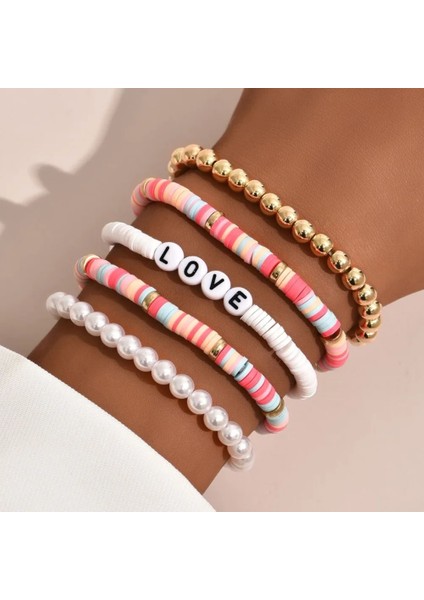 No.5 Boyutu Moda Gökkuşağı Istiflenebilir Bilezikler Kadınlar Için Set Kalp Charm Yumuşak Kil Çömlek Katmanlı Boncuk Zincir Bileklik Kadın Boho Takı (Yurt Dışından)