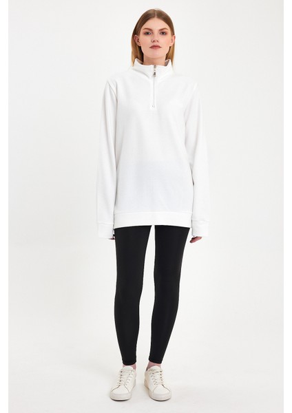 Kadın Sweatshirt, Beyaz Sweatshirt, Fermuar Yakalı Sweatshirt, Oversize Sweatshirt