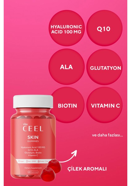 Vita Ceel 2'li Vegan Cilt Vitamini Çiğnenebilir Gummy, Hyaluronic Acid, Vitamin C, Glutatyon, Q10, Ala, Biotin