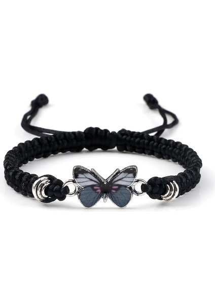 Siyah Gri Kelebek Kolye Bilezik Kadınlar Için El Yapımı Siyah Beyaz Halat Ayarlanabilir Örgülü Bilezik ve Bilezikler Moda Genç Kız Takısı (Yurt Dışından)