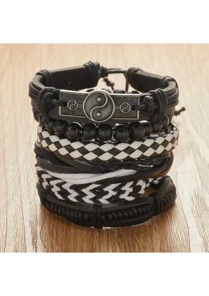 BR22Y0445 Vintage Erkek Örgülü Wrap Deri Bilezik Gotik Punk Yin Yang Infinity Tüy Ahşap Boncuklar Etnik Tribal Bileklikler Erkek Hediye (Yurt Dışından) fırsatları
