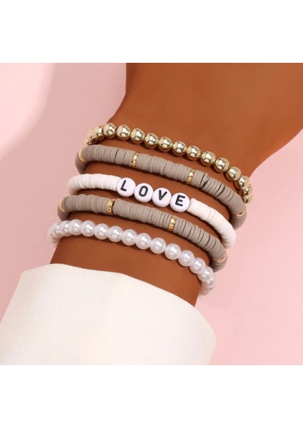 No.11 Boyutu Moda Gökkuşağı Istiflenebilir Bilezikler Kadınlar Için Set Kalp Charm Yumuşak Kil Çömlek Katmanlı Boncuk Zincir Bileklik Kadın Boho Takı (Yurt Dışından)