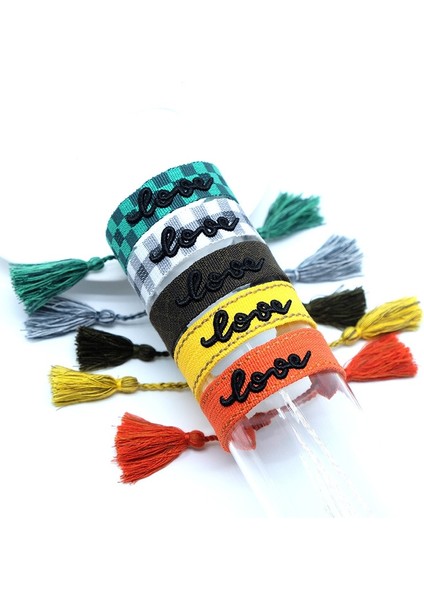 BZ22060702-4 Retro 3D Mektup Kumaş Bilezikler Kadın Erkek Unisex Lace Up Püskül Bilek Bandı Şerit Dokuma Wrap Bilezikler Moda Takı (Yurt Dışından)