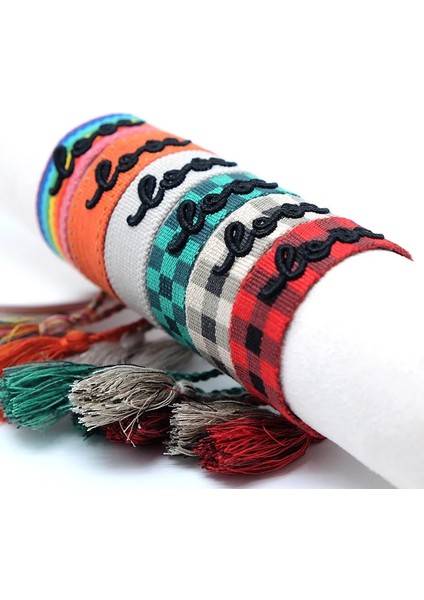 BZ22060702-4 Retro 3D Mektup Kumaş Bilezikler Kadın Erkek Unisex Lace Up Püskül Bilek Bandı Şerit Dokuma Wrap Bilezikler Moda Takı (Yurt Dışından)