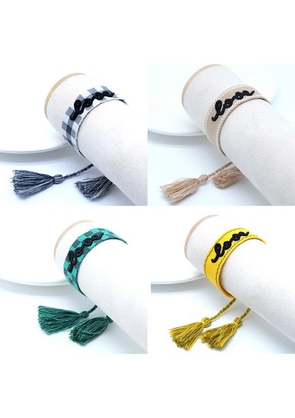 BZ22060702-4 Retro 3D Mektup Kumaş Bilezikler Kadın Erkek Unisex Lace Up Püskül Bilek Bandı Şerit Dokuma Wrap Bilezikler Moda Takı (Yurt Dışından)