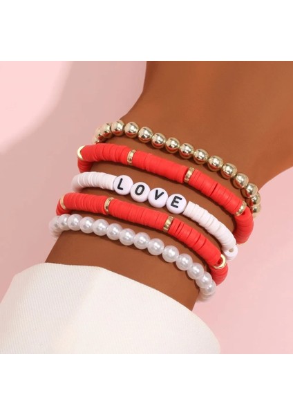 No.8 Boyutu Moda Gökkuşağı Istiflenebilir Bilezikler Kadınlar Için Set Kalp Charm Yumuşak Kil Çömlek Katmanlı Boncuk Zincir Bileklik Kadın Boho Takı (Yurt Dışından)