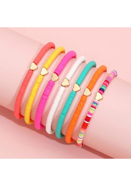 No.18 Boyutu Moda Gökkuşağı Istiflenebilir Bilezikler Kadınlar Için Set Kalp Charm Yumuşak Kil Çömlek Katmanlı Boncuk Zincir Bileklik Kadın Boho Takı (Yurt Dışından) modelleri