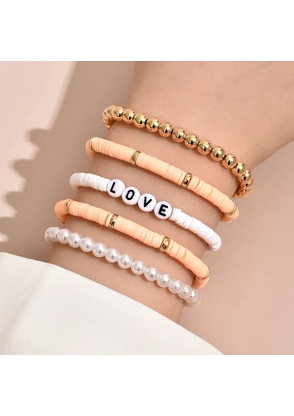 No.4 Boyutu Moda Gökkuşağı Istiflenebilir Bilezikler Kadınlar Için Set Kalp Charm Yumuşak Kil Çömlek Katmanlı Boncuk Zincir Bileklik Kadın Boho Takı (Yurt Dışından)