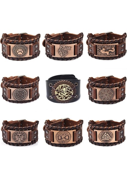 QNW2579-1 Retro El Yapımı Hakiki Deri Bilezik Charm Geniş Deri Bilezik Viking Odin Totem Vintage Deri El Bileklik Adam Hediye Için (Yurt Dışından) modelleri