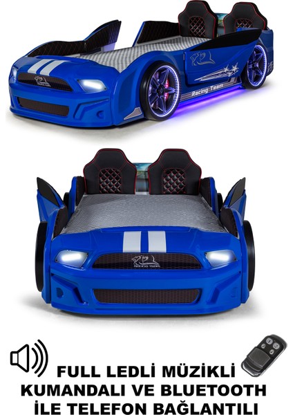Mavi Arabalı Yatak Kapıları Açılan Mustang Full Ledli Kumandalı ve Müzikli