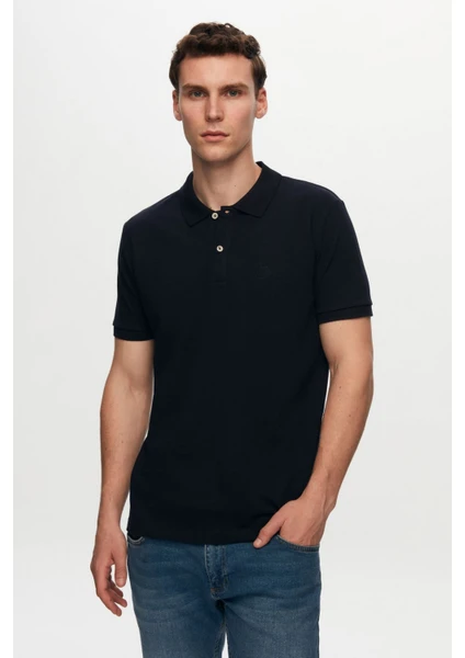 D'S Damat Regular Fit Lacivert Pike Dokulu %100 Pamuk Kıvrılmaz Polo Yaka Nakışlı T-Shirt 6HC14ORT51000