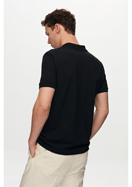 D'S Damat Regular Fit Siyah Pike Dokulu %100 Pamuk Kıvrılmaz Polo Yaka Nakışlı T-Shirt 6HC14ORT51000