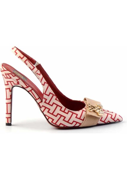 Kırmızı Baskılı Kumaş Kadın Klasik Topuklu Ayakkabı K01455118210