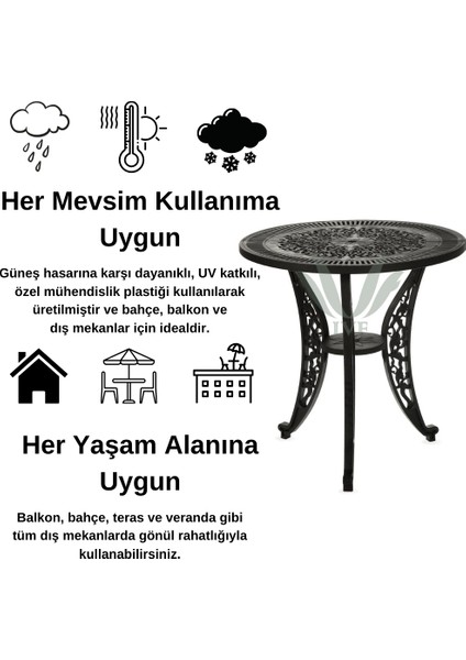 Ferforje Görünümlü Plastik Yuvarlak Masa, 2 Yıl Garantili, Bahçe, Balkon ve Dış Mekan Kullanım İçin Uygun, Siyah Plastik Tek Yuvarlak Masa