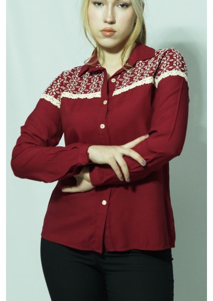 Göğüs Kabartma Desenli Uzun Kollu Gömlek_bordo