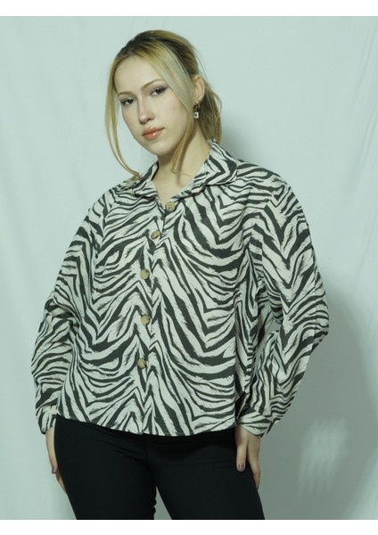 Zebra Desen Uzun Kollu Keten Gömlek_ekru
