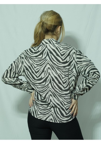 Zebra Desen Uzun Kollu Keten Gömlek_ekru