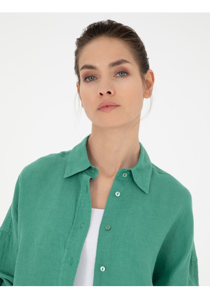 Kadın Yeşil Oversize Keten Gömlek 50286968-VR054