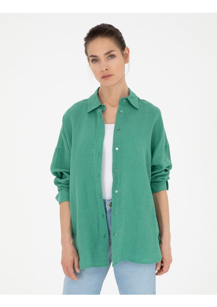 Kadın Yeşil Oversize Keten Gömlek 50286968-VR054