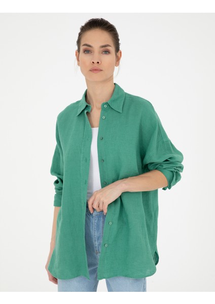 Kadın Yeşil Oversize Keten Gömlek 50286968-VR054