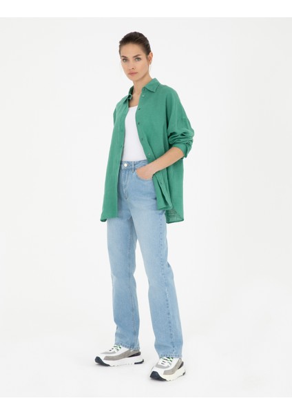 Kadın Yeşil Oversize Keten Gömlek 50286968-VR054