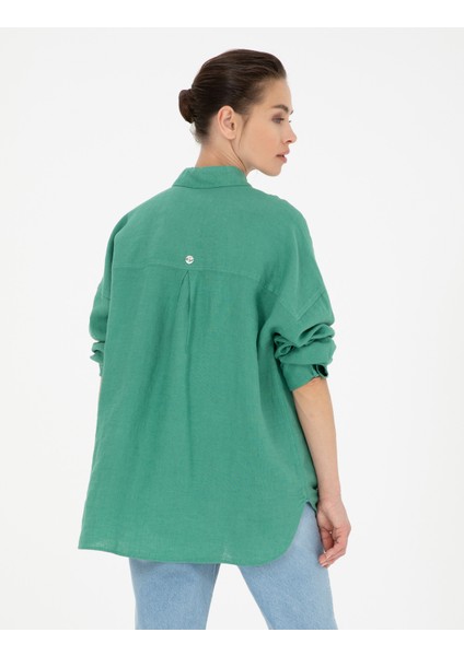 Kadın Yeşil Oversize Keten Gömlek 50286968-VR054