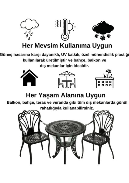 Ferforje Görünümlü Bahçe Masa ve Sandalye Takımı, 150 KG Taşıma Kapasiteli, Bahçe, Balkon ve Dış Mekana Uygun, 2 Yıl Garantili, Siyah Masa ve Sandalye Takımı