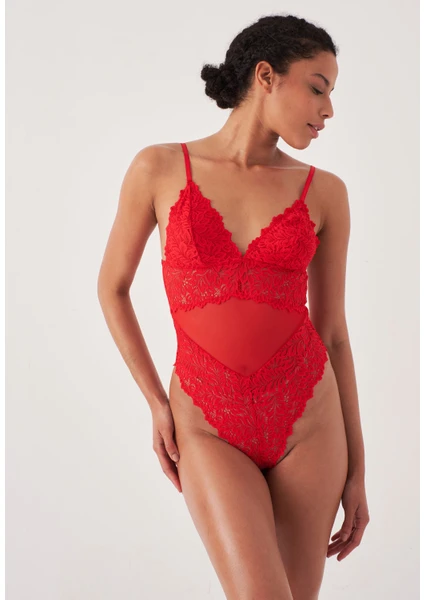 Kırmızı Dantelli Bodysuit