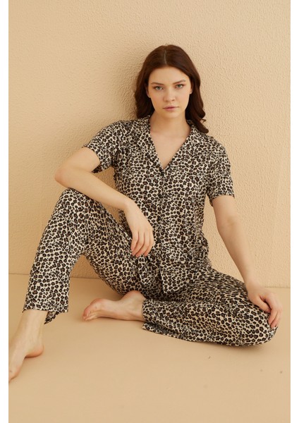 Dreamy Bambu Kumaş Leopar Desenli Kısa Kollu Gömlek Pijama Takımı