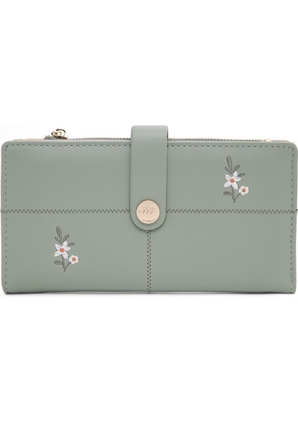 Küçük Taze Pu Işlemeli Toka Fermuarlı Uzun Cüzdan (Yurt Dışından)