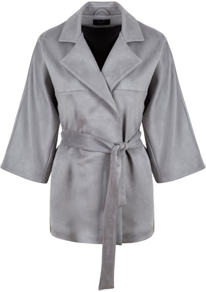 Süet Kuşaklı Kimono - Gri