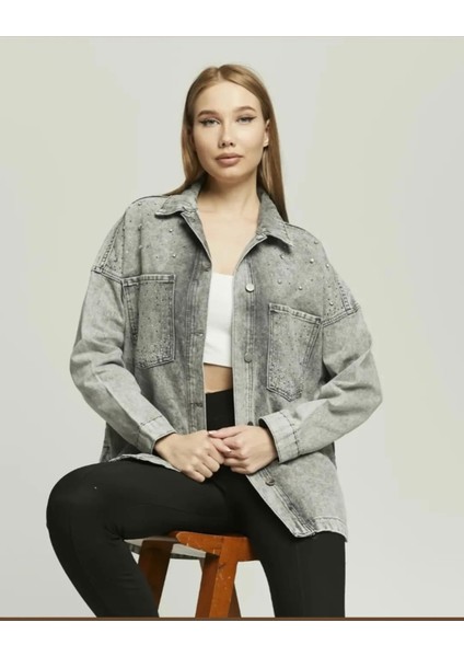 Ast 408 Cepli Önü Taşlı Kadın Oversize Kot Ceket Füme