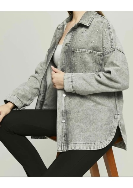 Ast 408 Cepli Önü Taşlı Kadın Oversize Kot Ceket Füme fiyatları