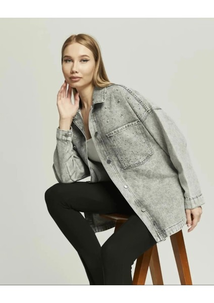 Ast 408 Cepli Önü Taşlı Kadın Oversize Kot Ceket Füme indirimleri