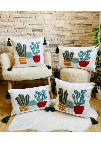 Home 4'Lü Kombin Punch Işlemeli Kırlent Kılıfı (Panç)