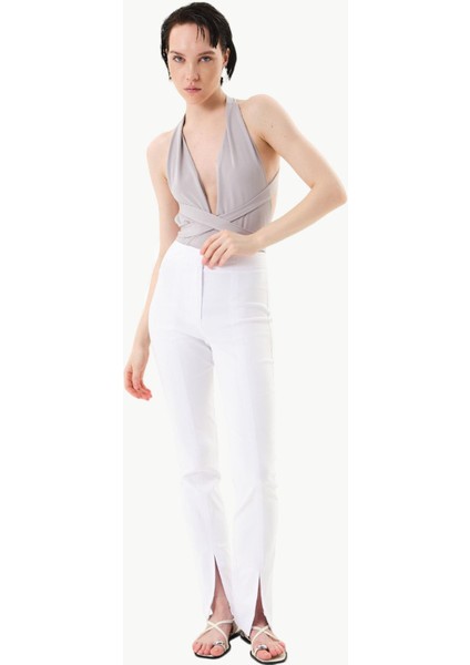 Paçası Yırtmaç Detaylı Skinny Pantolon - Beyaz