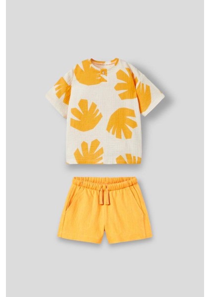 Erkek Çocuk Palmiye Desenli Müslin Şortlu Takım
