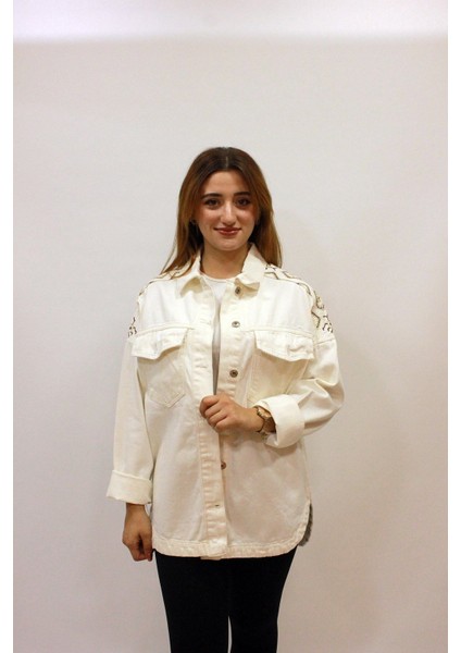 Ast 384 Sırt ve Omuz Kilim Desen Işlemeli Oversize Kadın Kot Ceket Taş fiyatları