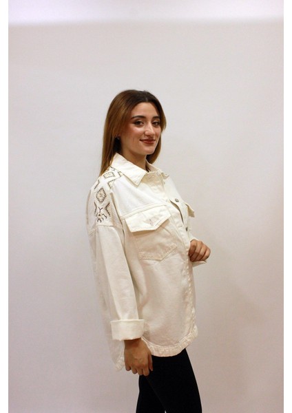 Ast 384 Sırt ve Omuz Kilim Desen Işlemeli Oversize Kadın Kot Ceket Taş fırsatları